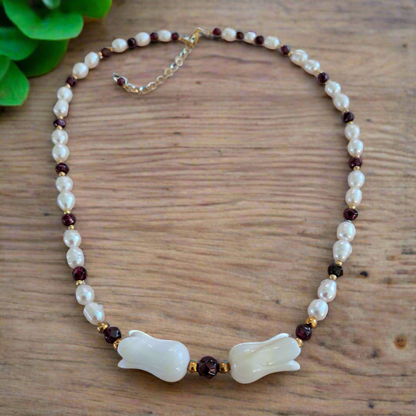 Pearls, Garnets, Mother of Pearl & Gold Plated Silver Necklace 