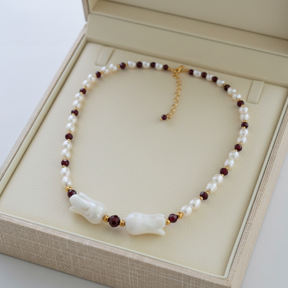 Pearls, Garnets, Mother of Pearl & Gold Plated Silver Necklace - Katerina Roukouna