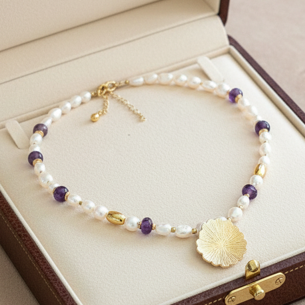 Pearls, Amethysts & Gold Plated Silver Necklace (Anthos) - Katerina Roukouna