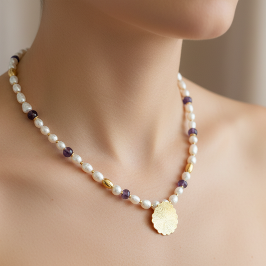 Pearls, Amethysts & Gold Plated Silver Necklace (Anthos) - Katerina Roukouna