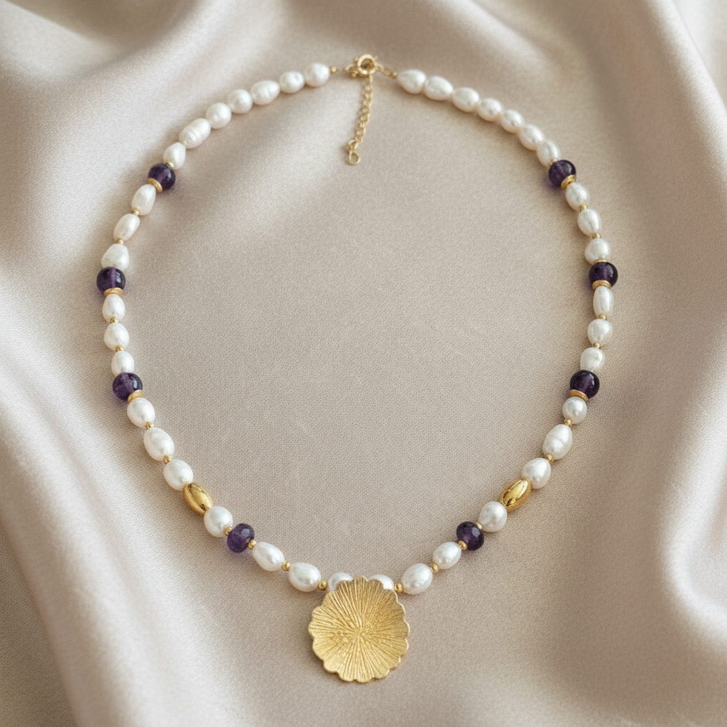 Pearls, Amethysts & Gold Plated Silver Necklace (Anthos) - Katerina Roukouna