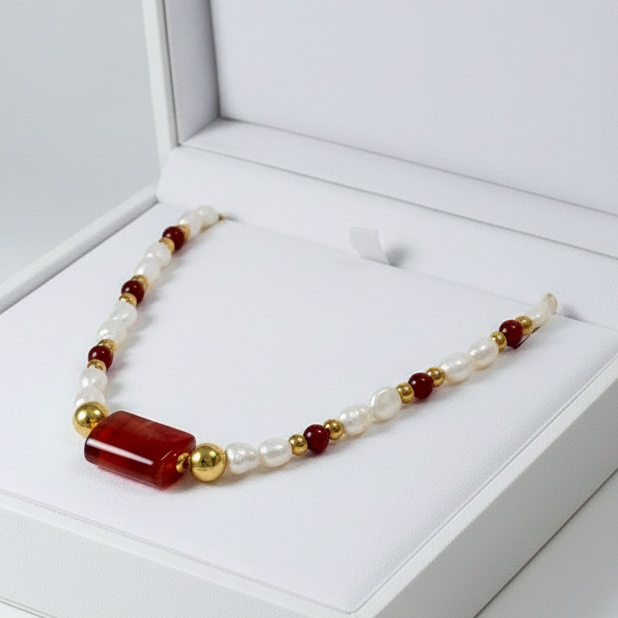 Pearls, Carnelians & Gold Plated Silver Necklace (II) - Katerina Roukouna