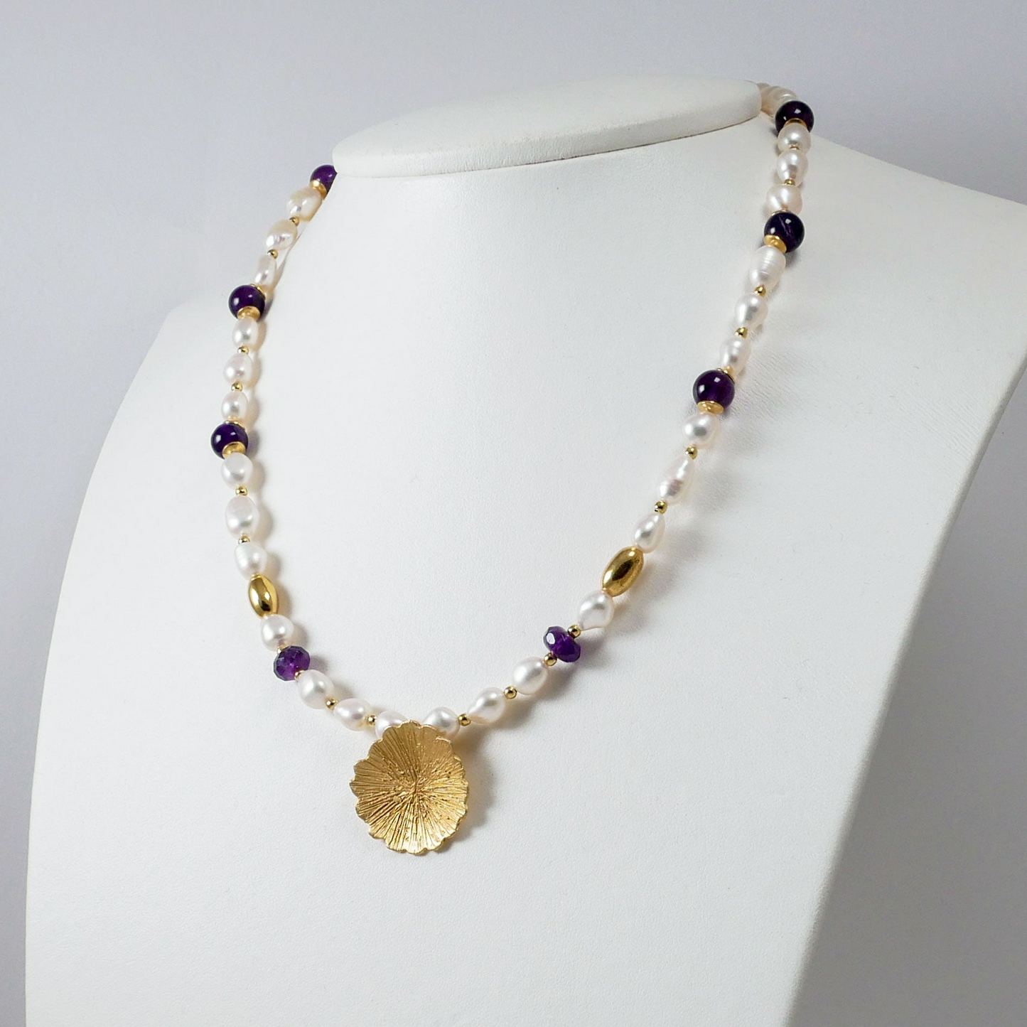 Pearls, Amethysts & Gold Plated Silver Necklace (Anthos) - Katerina Roukouna