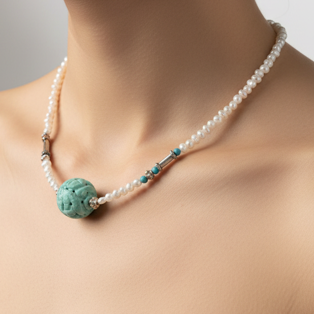 Handmade necklace with turquoise, pearls and sterling silver.