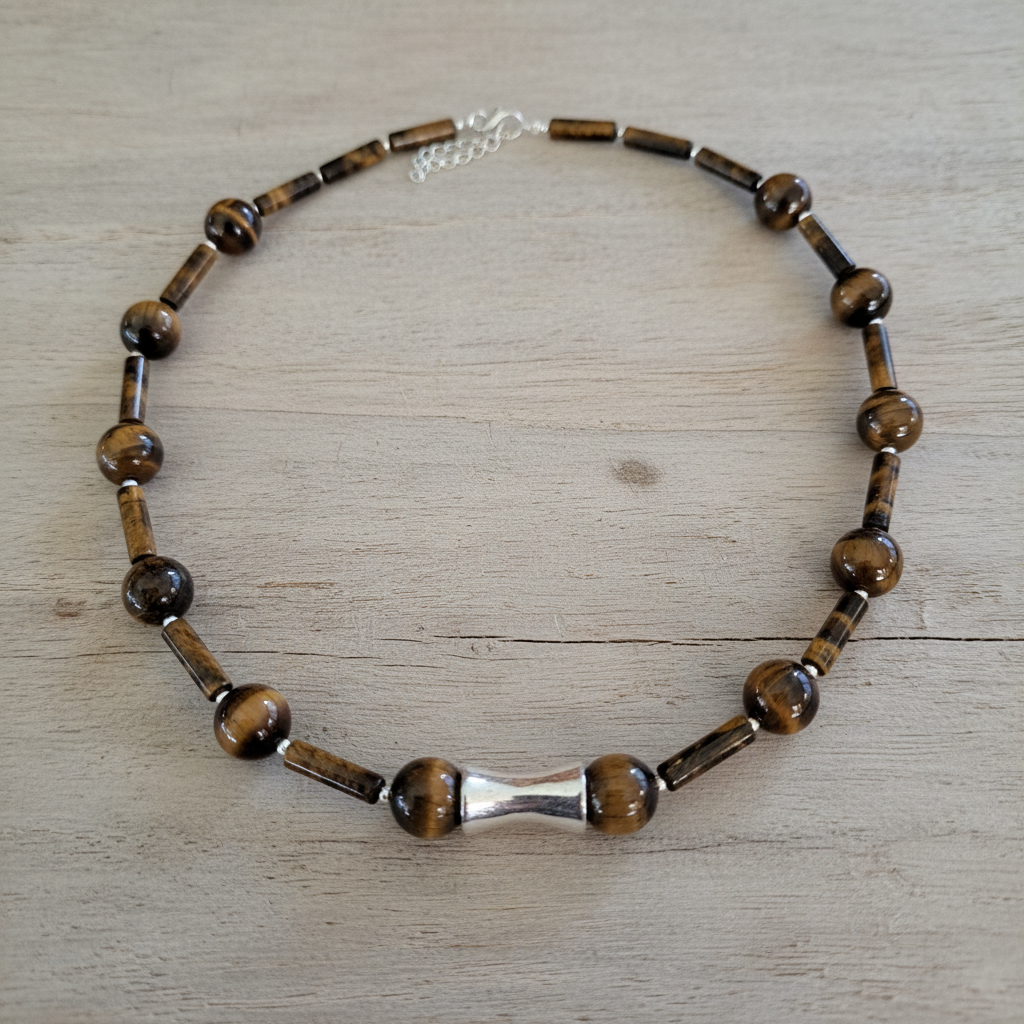 Handmade necklace with sterling silver and tiger eye - Katerina Roukouna