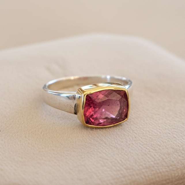 Handmade 18K and sterling silver ring with pink tourmaline