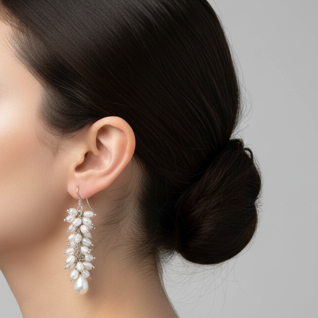 Handmade sterling silver earrings with pearls in a woman's ear