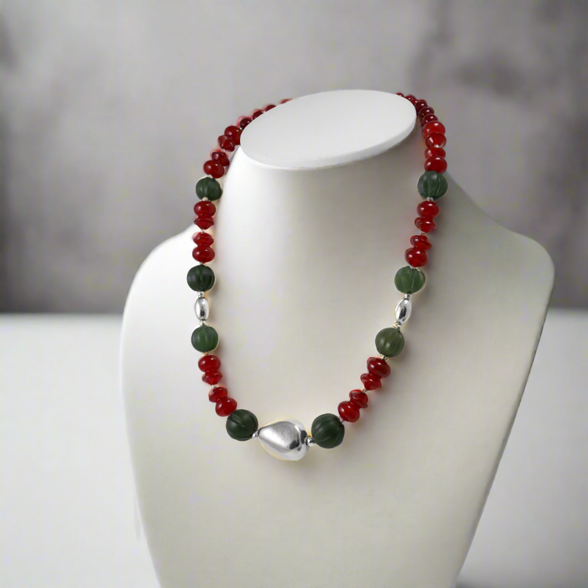 Handmade sterling silver  necklace with Carnelians & Jade gemstones