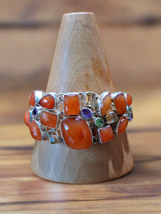Handmade sterling silver bracelet with huge cornelians and other gemstones, peridots, amethysts and citrines.
