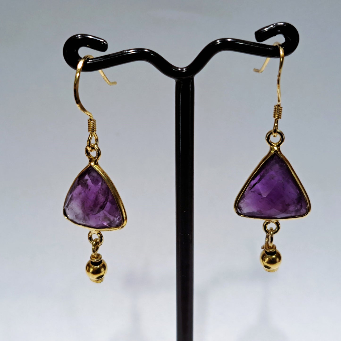 Handmade gold plated sterling silver earrings with trigonal amethysts