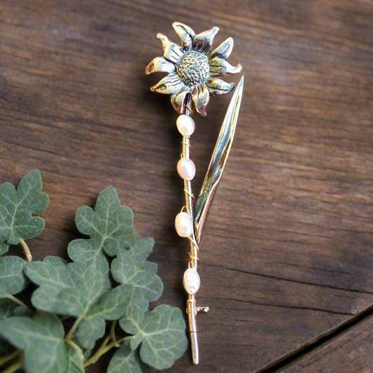 Sterling silver brooch -Helianthus with pearls