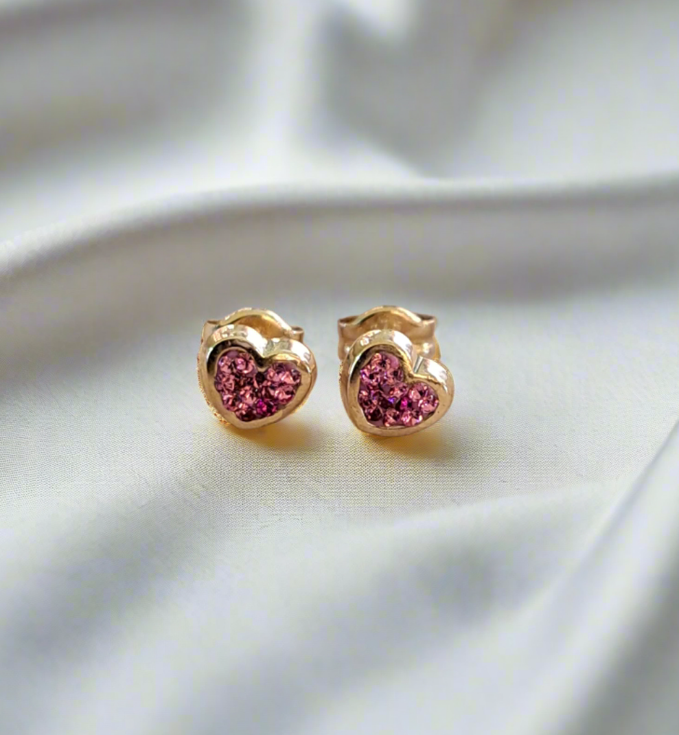 9K Gold  hearts stud earrings  with pink swarovski stones