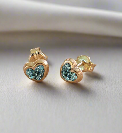 9K Gold hearts stud earrings with  blue zirkons