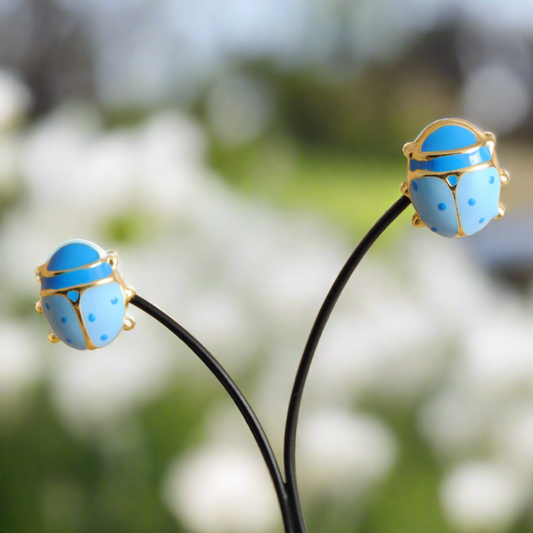 18k Gold earrings -Ladybirds -blue