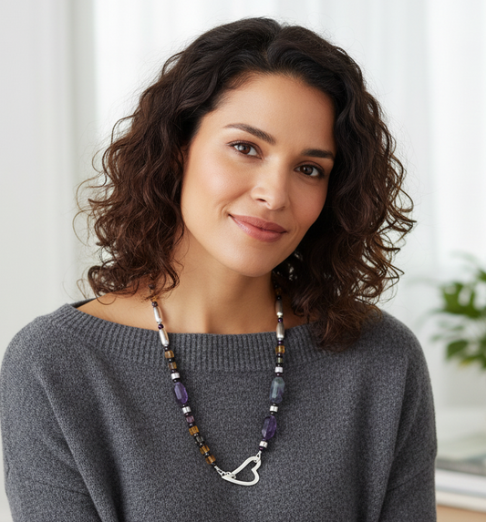 Fluorites, Amethysts, and Sterling Silver Heart Necklace - Katerina Roukouna