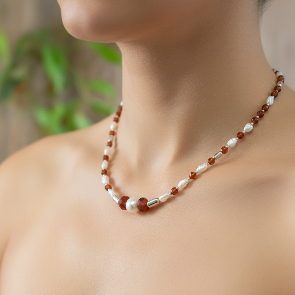 Necklace with Sterling silver and pearls and brown orange cornelians  on a mannequin