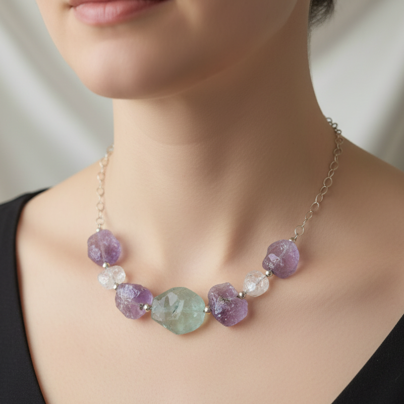 Raw Amethysts, Fluorite, Quartz, Sterling Silver Necklace - Katerina Roukouna