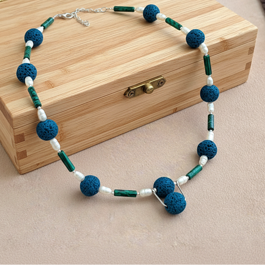 Handmade necklace with blue lava, pearls,malachite and sterling silver - Katerina Roukouna
