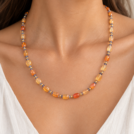 Handmade necklace with fire opals and iolites with 18K Gold.