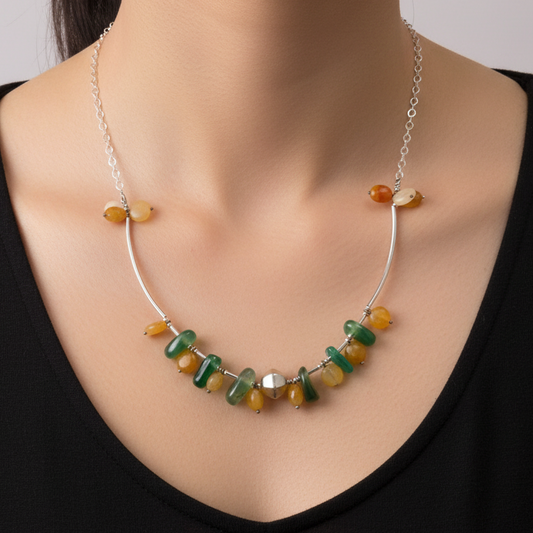 Agates, Aventurine & Sterling Silver Necklace - Katerina Roukouna