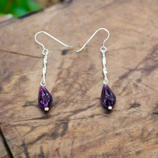 Handmade sterling silver earrings with drop amethysts