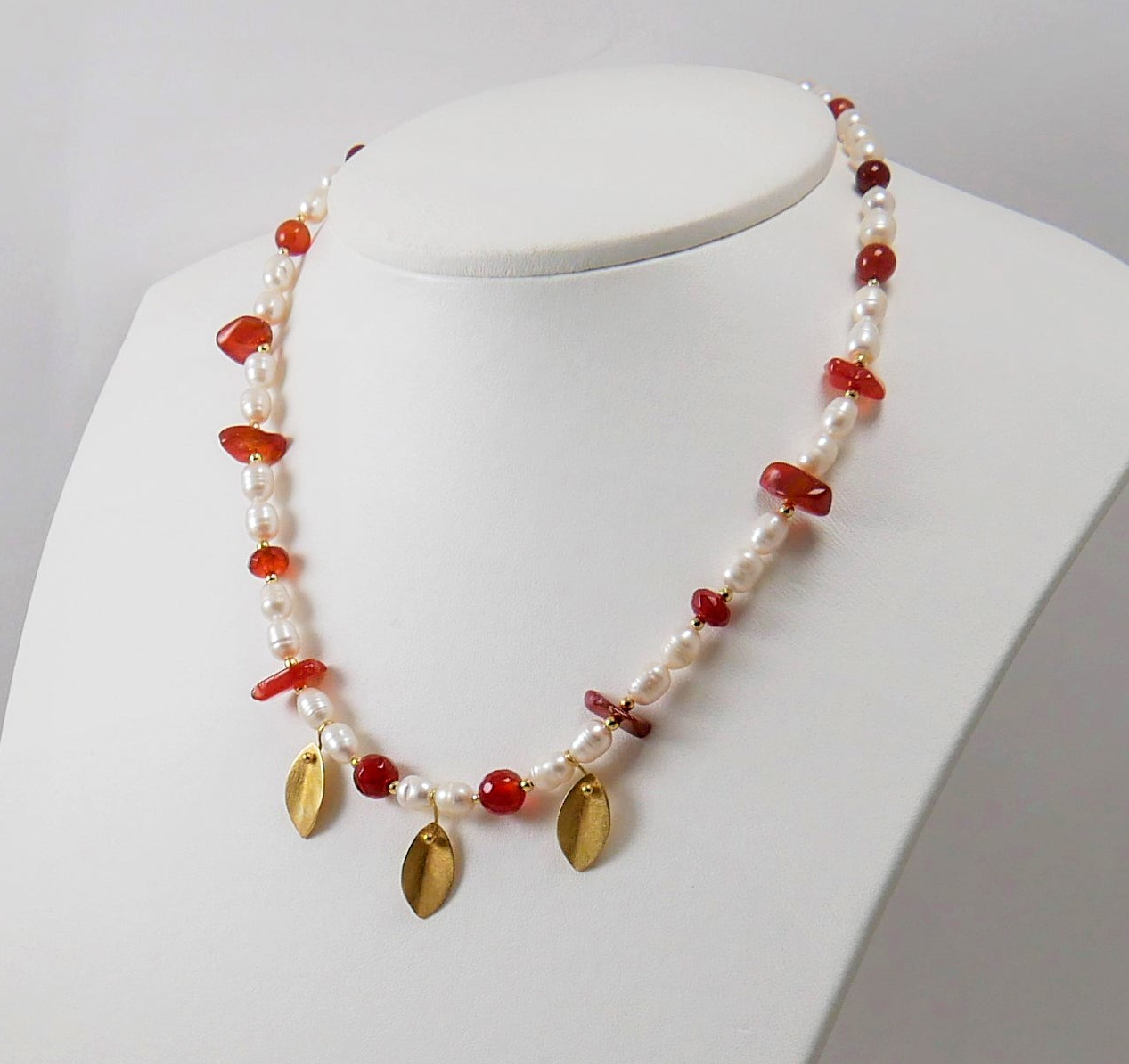 Pearls, Carnelians and Gold Plated Sterling Silver Leaves Necklace - Katerina Roukouna