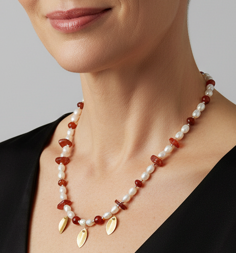 Pearls, Carnelians and Gold Plated Sterling Silver Leaves Necklace - Katerina Roukouna