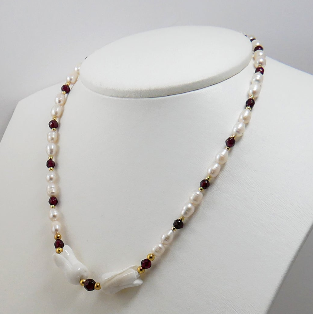Pearls, Garnets, Mother of Pearl & Gold Plated Silver Necklace - Katerina Roukouna