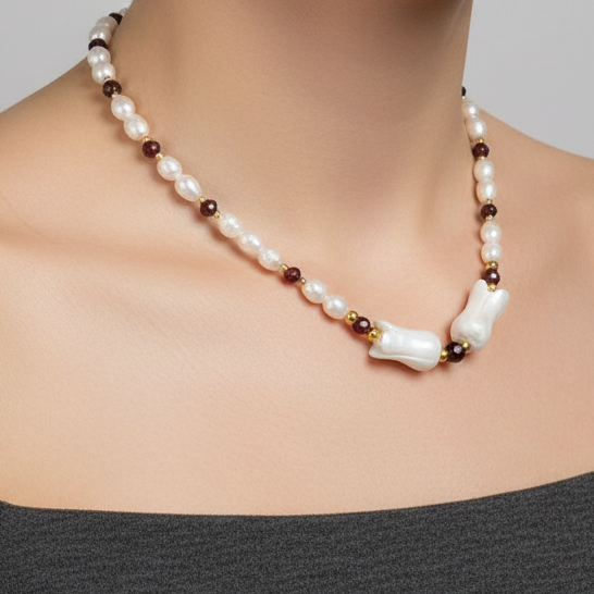 Pearls, Garnets, Mother of Pearl & Gold Plated Silver Necklace - Katerina Roukouna