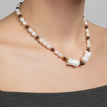 Pearls, Garnets, Mother of Pearl & Gold Plated Silver Necklace - Katerina Roukouna