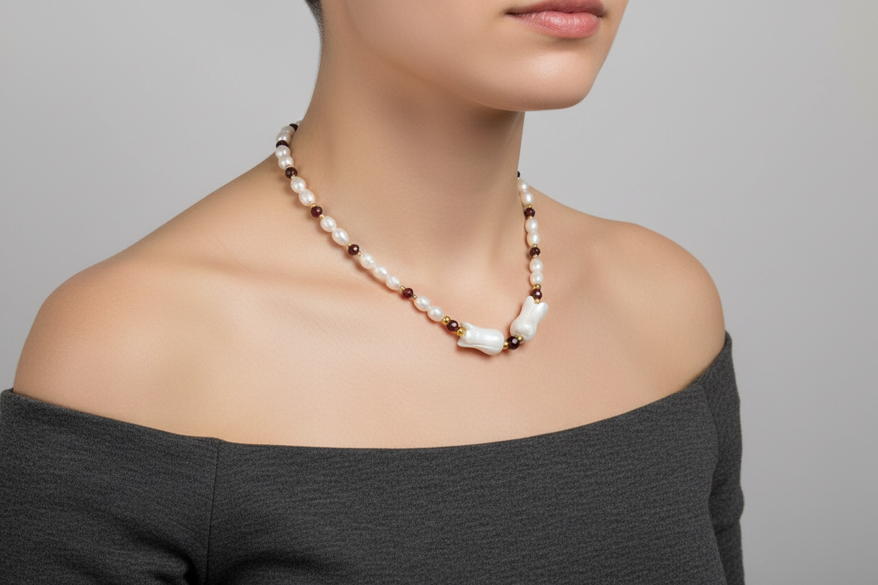 Pearls, Garnets, Mother of Pearl & Gold Plated Silver Necklace - Katerina Roukouna