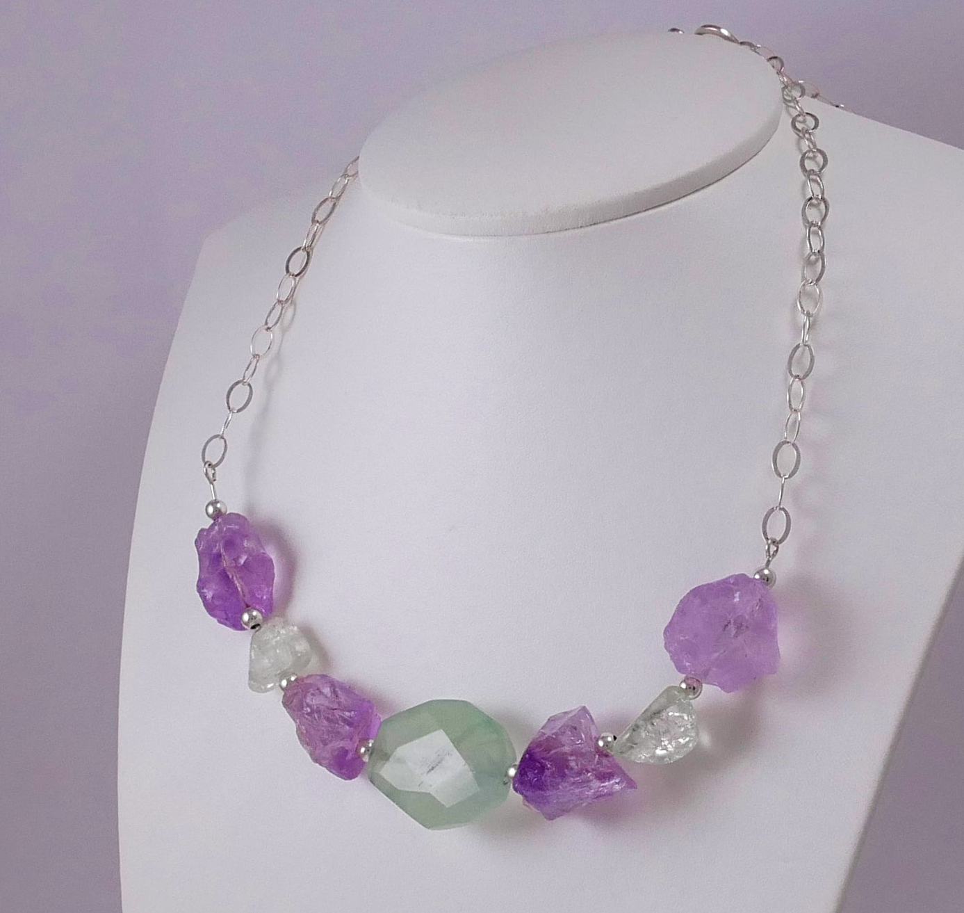 Raw Amethysts, Fluorite, Quartz, Sterling Silver Necklace - Katerina Roukouna