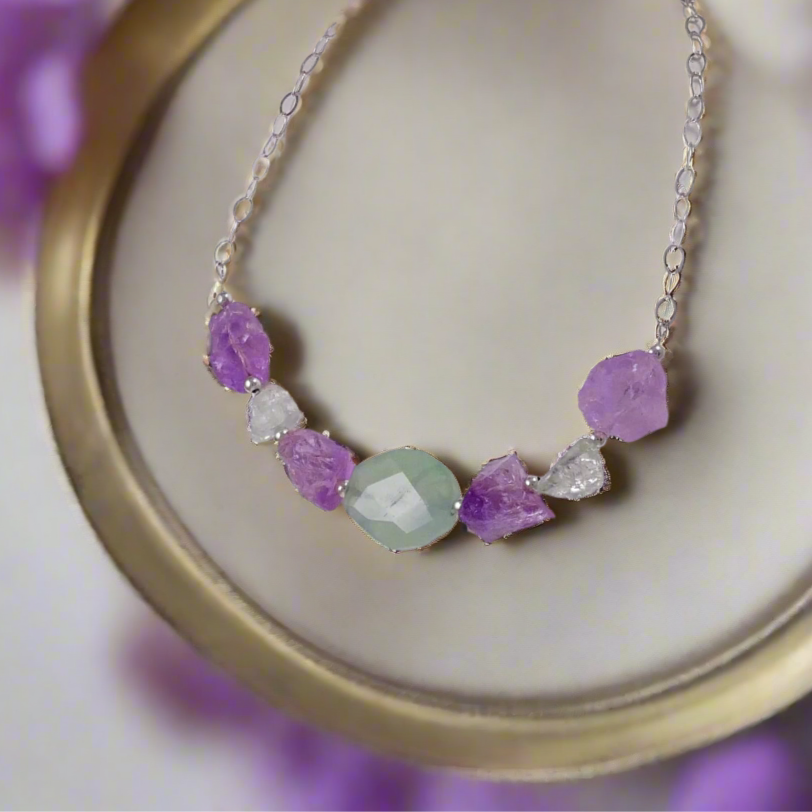Raw Amethysts, Fluorite, Quartz, and Sterling Silver Necklace 