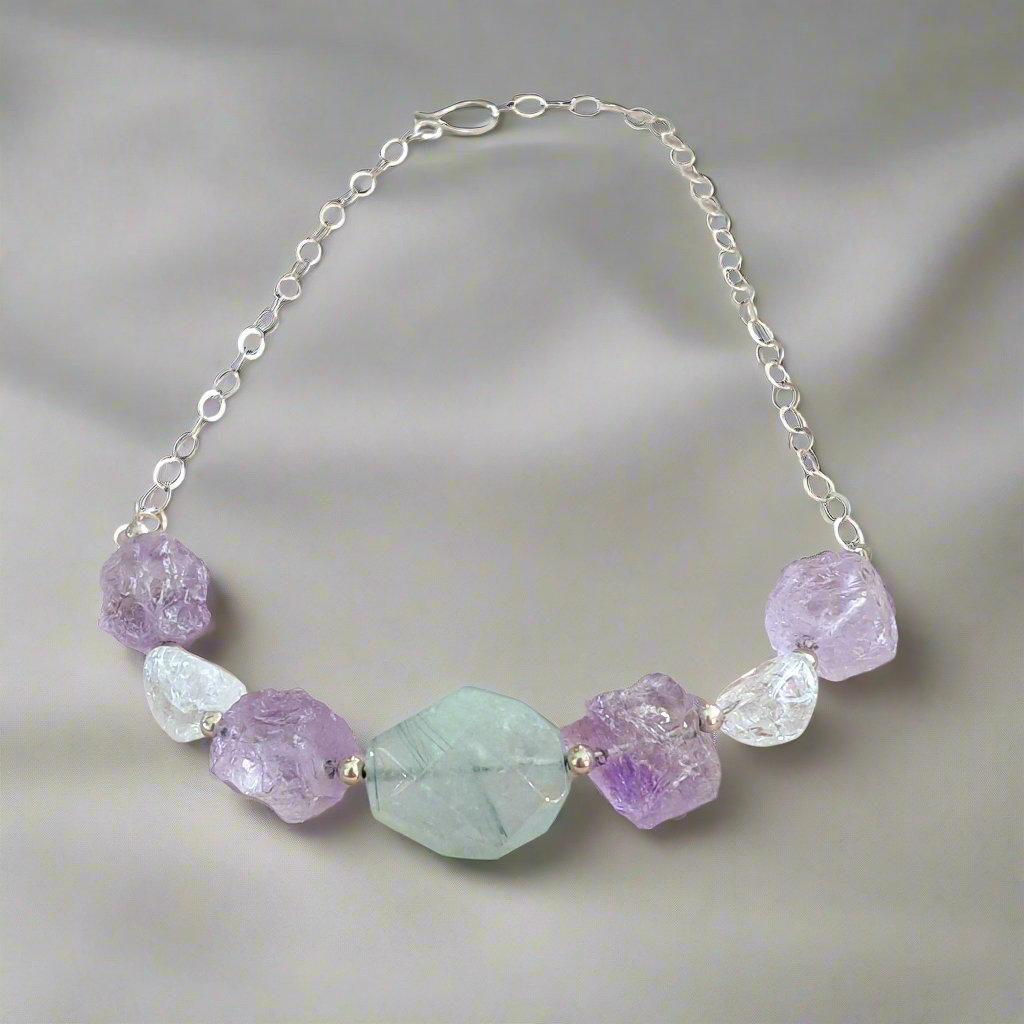 Raw Amethysts, Fluorite, Quartz, and Sterling Silver Necklace 