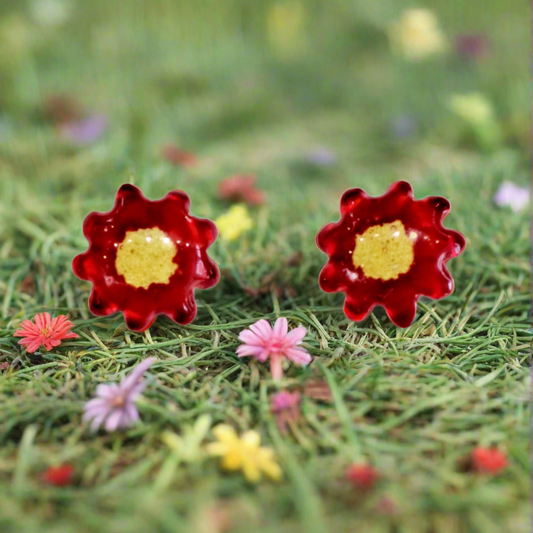 Red flower sterling silver earrings.