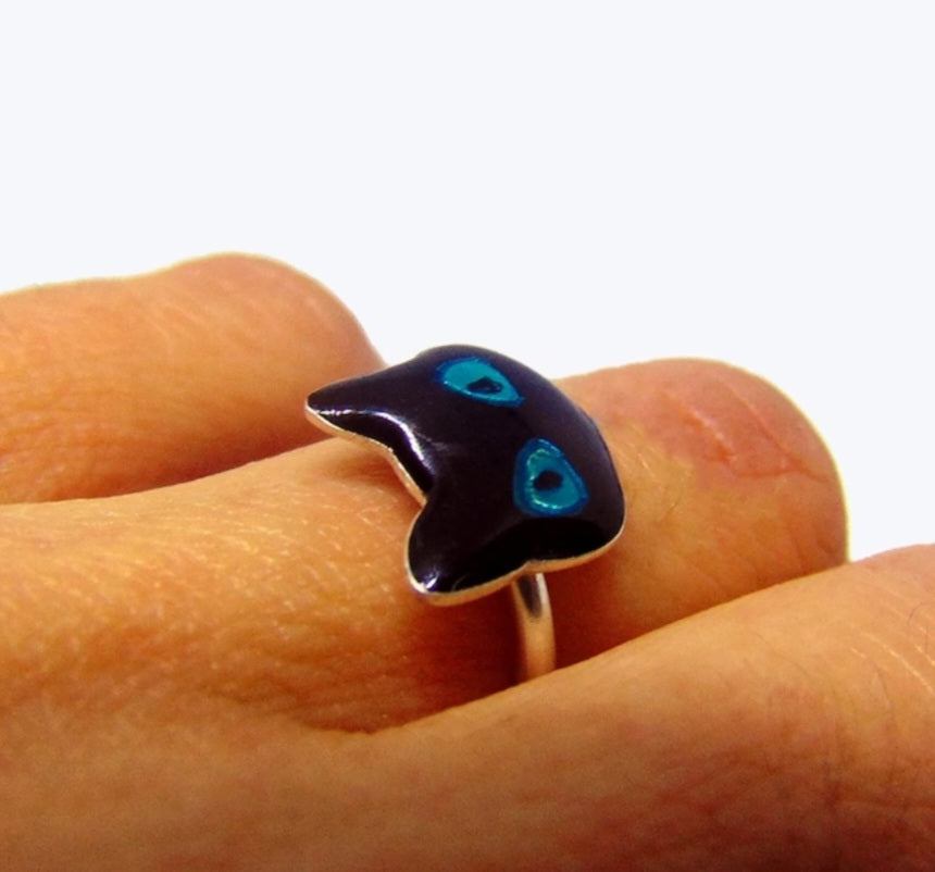 Black cat sterling silver ring