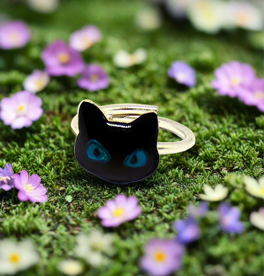 Black cat with blue eyes sterling silver ring