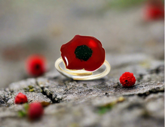 Red poppy silver ring