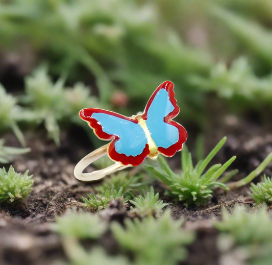 Blue -red buttrefly  sterling silver ring