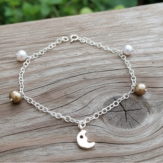 Handmade sterling silver bracelet with  half moon and pearls