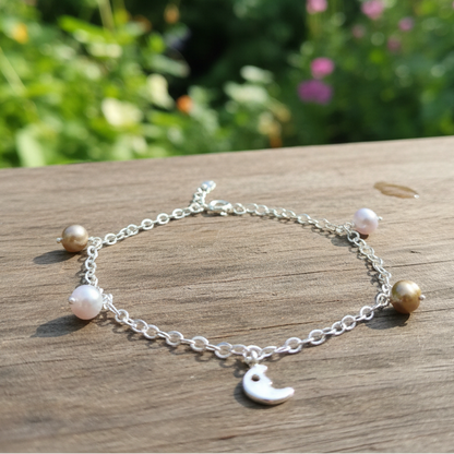 Handmade sterling silver bracelet with  half moon and pearls