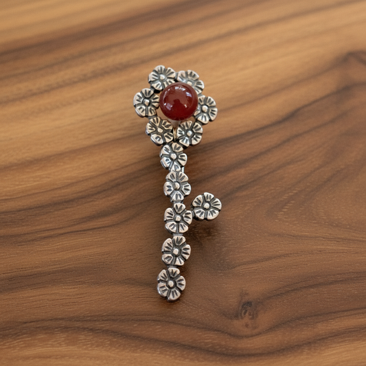 Sterling silver flower brooch with cornelian gem
