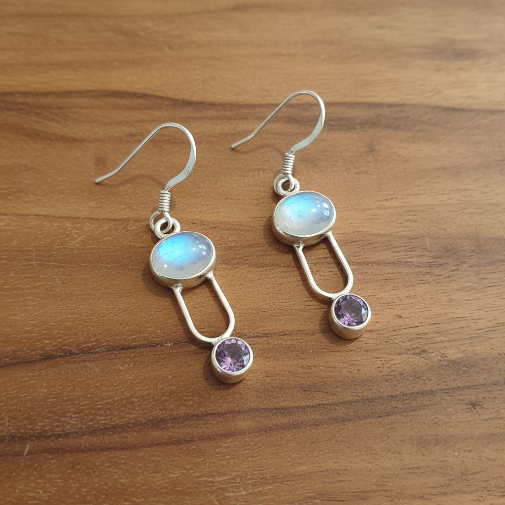 Handmade earrings with moonstones and amethysts - Katerina Roukouna