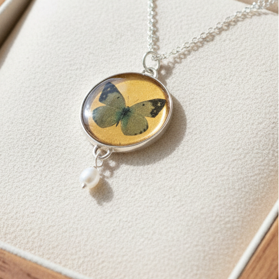 Handmade sterling silver pendant with a butterfly and and a pearl - Katerina Roukouna