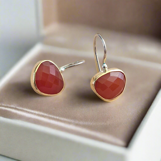Silver ang 18K gold earrings with faceted cornelian gemstones on a jewelry box