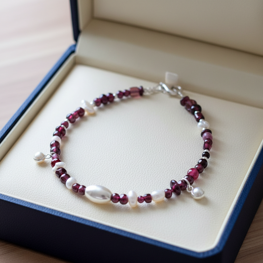 Handmade bracelet with sterling silver pearls and garnets