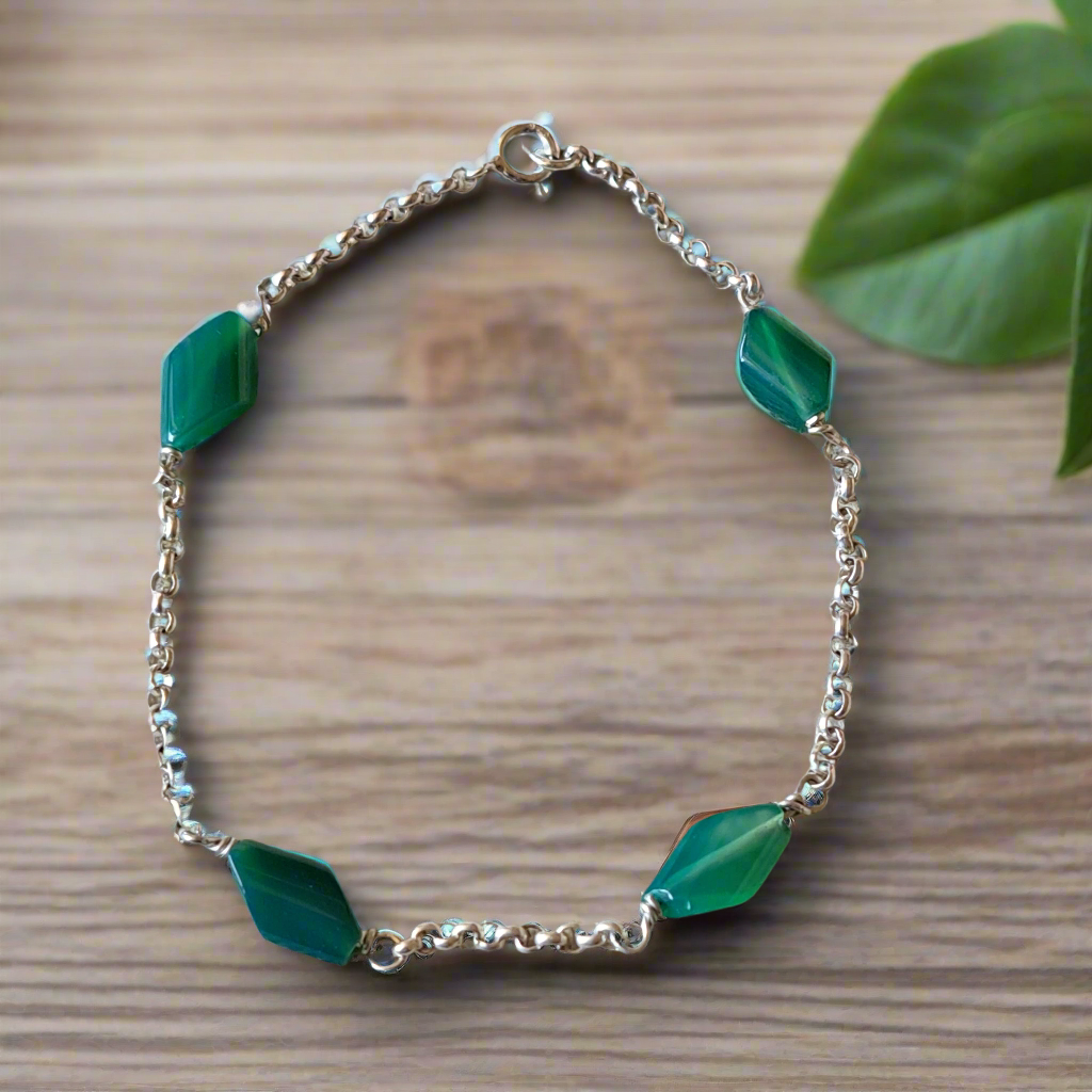 Handmade sterling silver bracelet with green agates - Katerina Roukouna