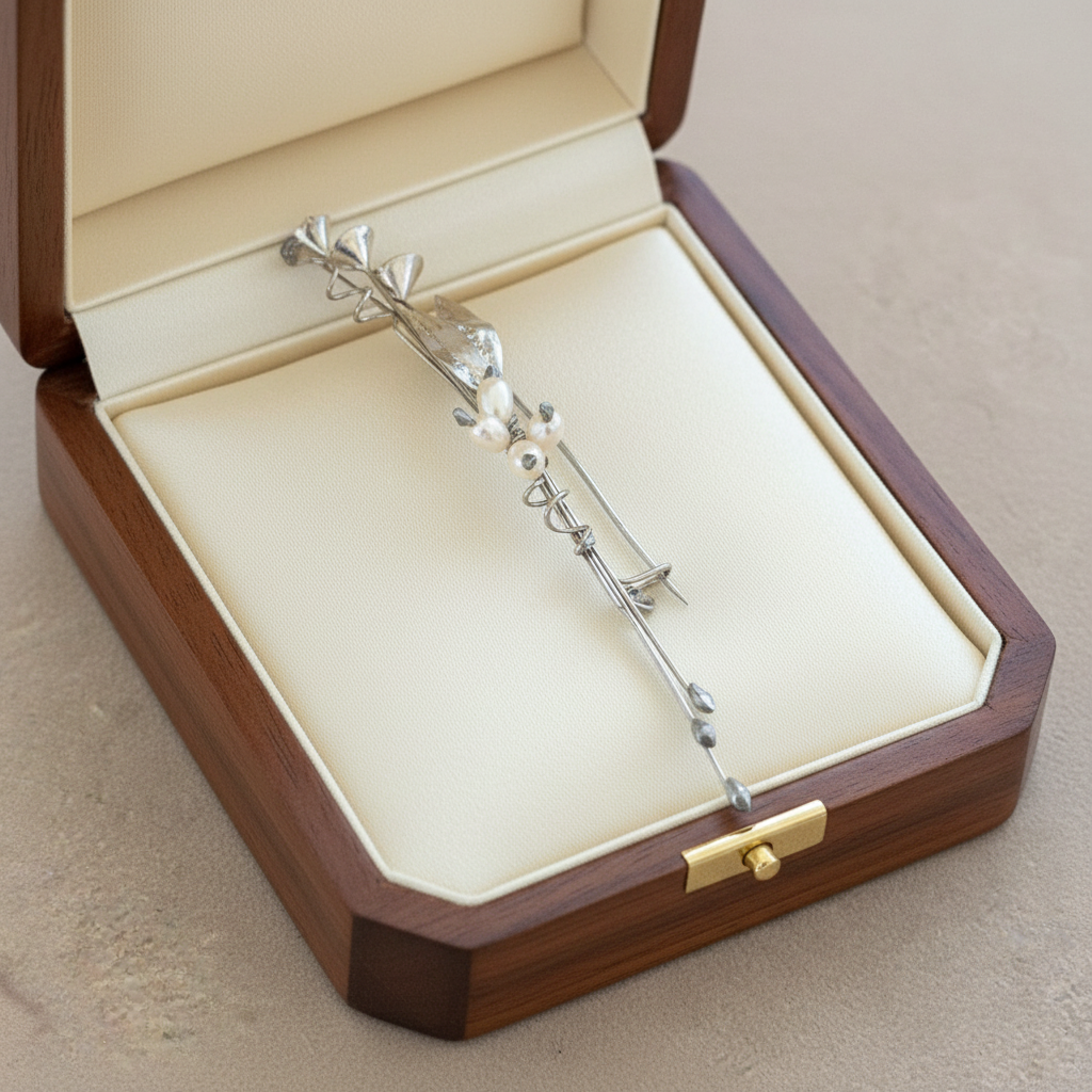 Silver bracelet in an open wooden jewelry box on a beige surface