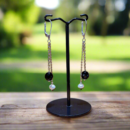 Handmade silver earrings with chains, onyx and pearls