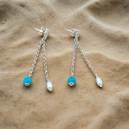Handmade sterling silver earrings with pearls and apatites